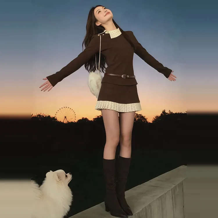 miu系千金风连衣裙子冬季2025新款波点撞色设计感配大衣短裙套装