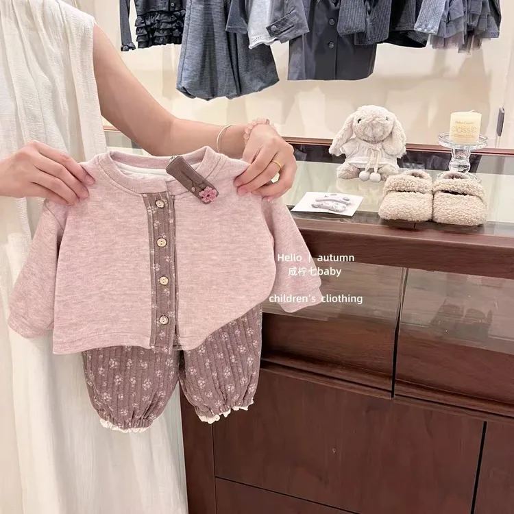 女宝宝套装秋冬女童洋气复古碎花卫衣外套休闲裤两件套
