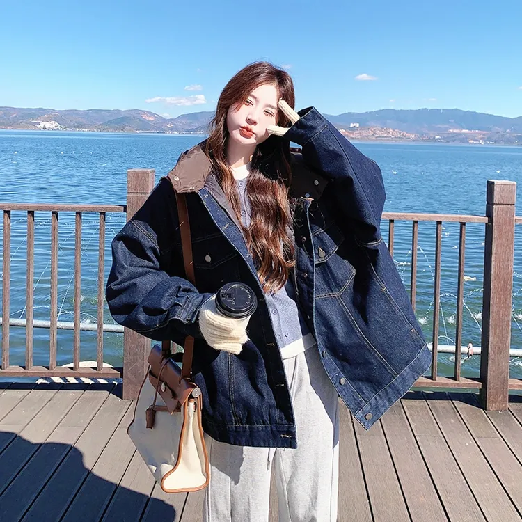 港风复古牛仔羽绒服连帽宽松学生小个子时尚白鸭绒派克服女款冬季