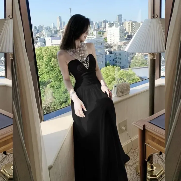 镶钻无袖背心连衣裙女夏法式收腰显瘦气质长款纯欲性感辣妹雪纺裙