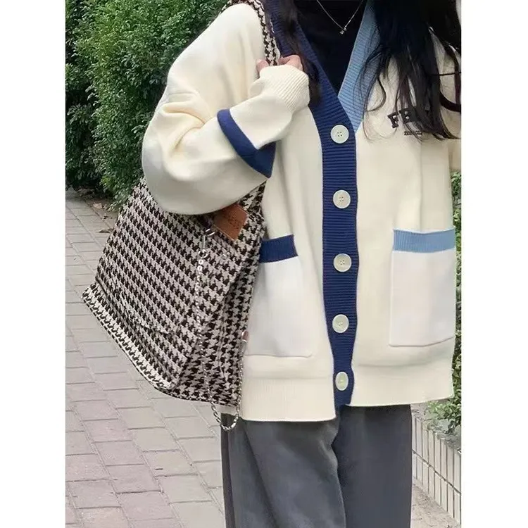 日系学院风拼色领刺绣毛衣开衫外套女学生秋季新款韩版针织衫 潮