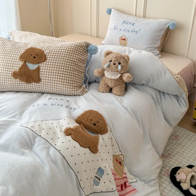 猫咪日记ins风野餐小狗毛球款刺绣牛奶绒四件套卡通小清新三件套