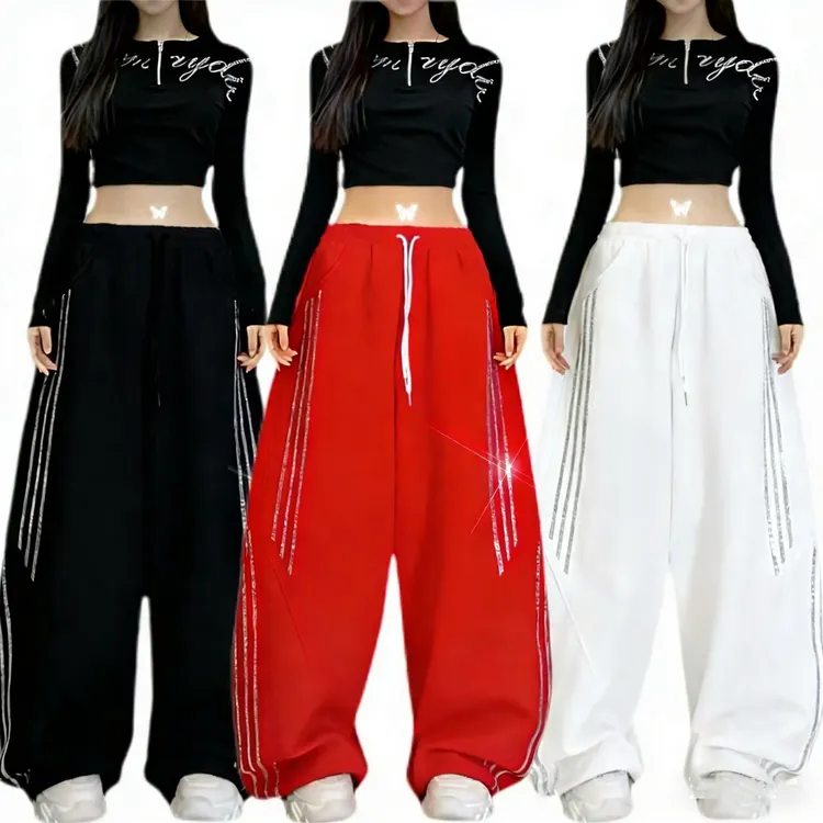 现货【高品质/双层空气棉】垂顺感曳舞闪钻休闲裤显瘦微弹阔腿K908