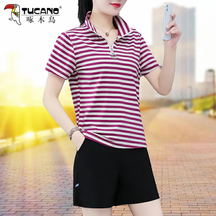啄木鸟运动套装女夏季薄款2025新款夏装休闲服条纹T恤短裤两件套