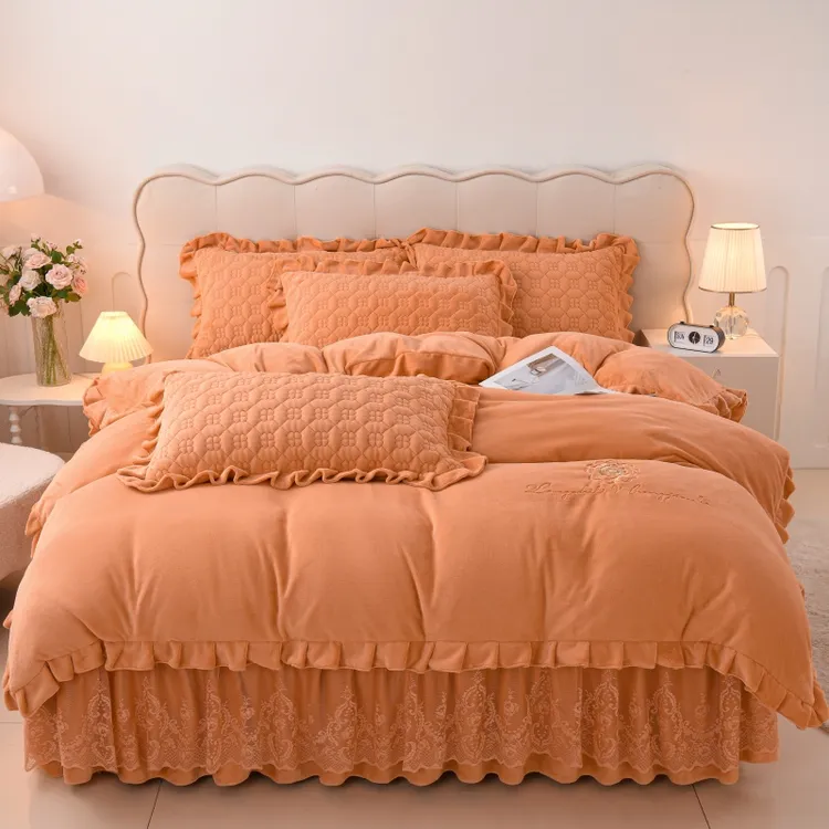 新款床品套件韩式甜美牛奶绒四件套韩版荷叶边刺绣双面绒加绒加厚