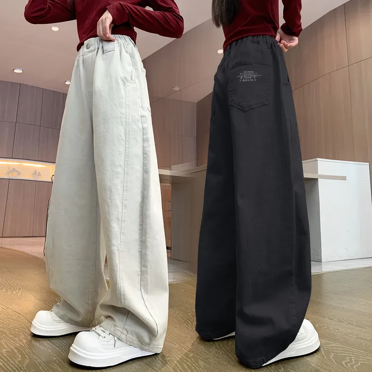 儿童裤子春秋新款直筒纯棉女童休闲中大童女孩黑色白色秋装季阔腿