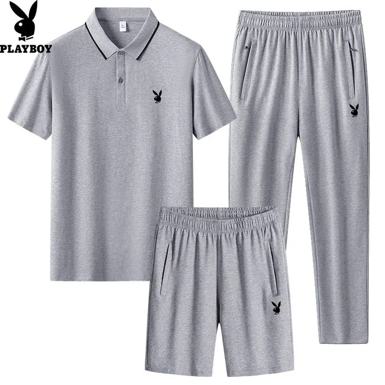 花花公子短袖t恤男夏季翻领纯棉套装中老年爸爸夏装运动服三件套