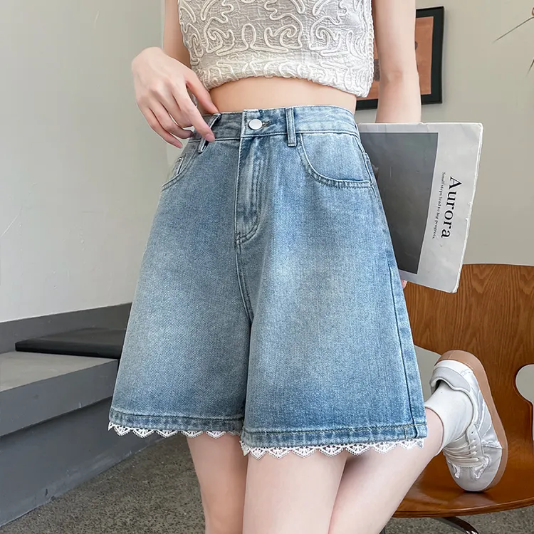 蜜蜜穿搭蕾丝花边五分牛仔短裤女士2025夏薄遮肉a字阔腿5分中裤子
