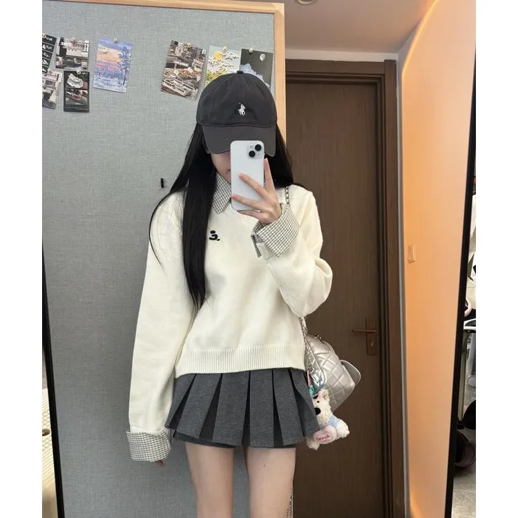 学院风格纹假两件毛织女圆领刺绣针织休闲慵懒感外套上衣圆领针织