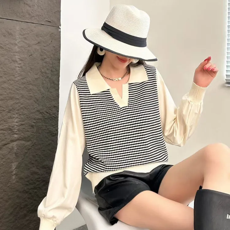 早秋马甲条纹拼接POLO针织衫针织毛衣外穿韩版假两件翻领长袖上衣