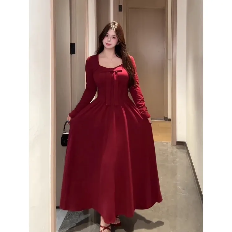 依二一《步步生莲版圣诞新年战袍》千金风法式玫瑰蝴蝶结连衣裙2551