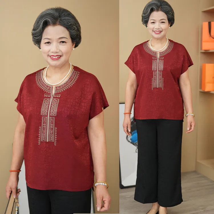 夏季新中式短袖两件套中老年人女装妈妈装加肥加大国风套装夏装