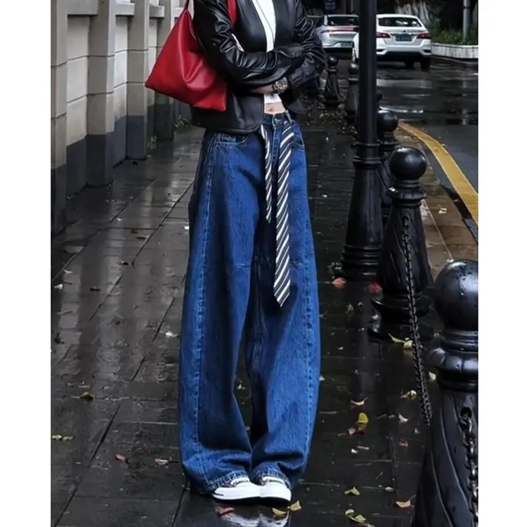 牛仔裤女士2025早秋新款裤子显瘦高腰长裤时尚蓝色宽松阔腿弯刀裤
