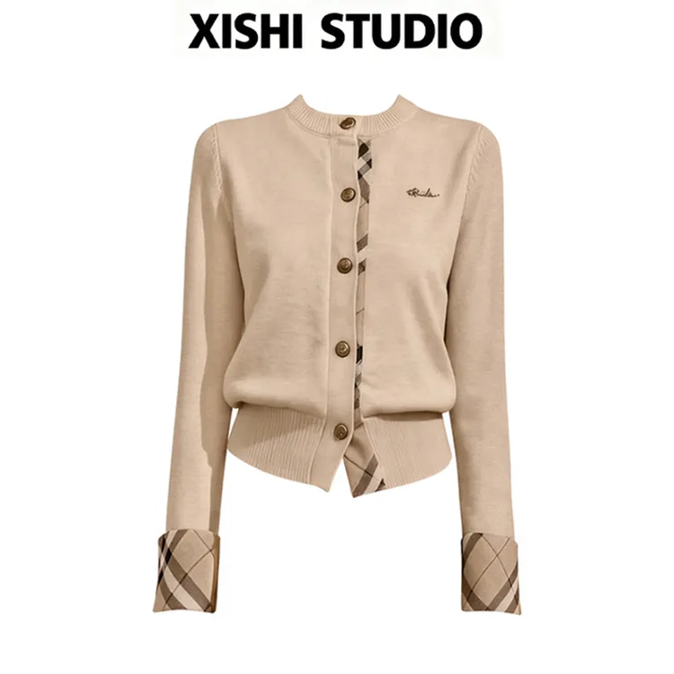 【英伦往事】格纹撞色圆领设计感针织开衫女冬收腰上衣