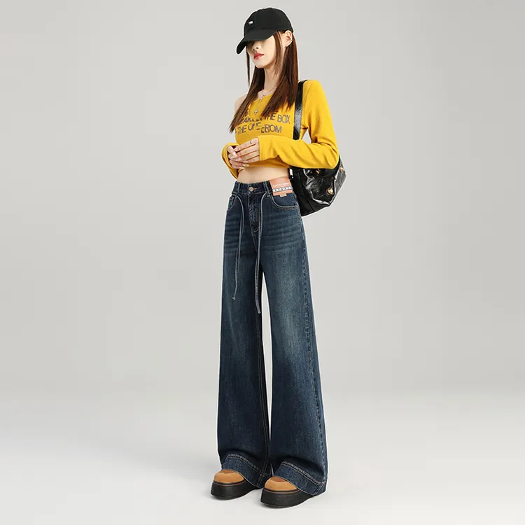 复古阔腿牛仔裤女2025秋季新款抽绳设计感高腰宽松显瘦垂感直筒裤