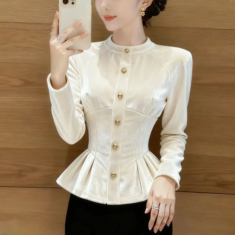 长袖立领上衣女秋冬新款独特漂亮减龄气质掐腰白色丝绒衬衫