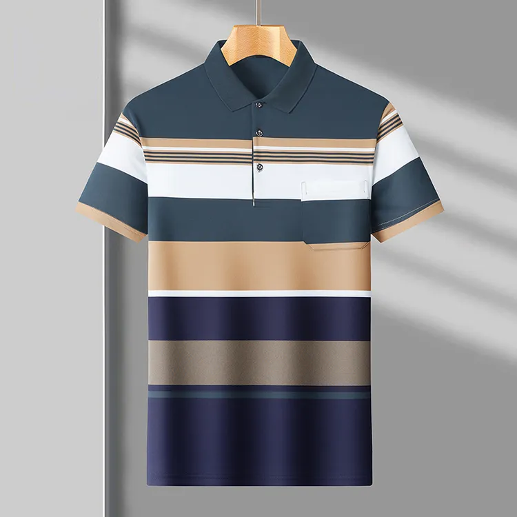 2025夏季新款男士条纹短袖翻领T恤中年爸爸休闲polo半袖宽松上衣