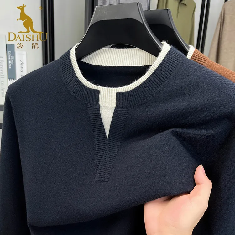 袋鼠春秋季新款中年男士针织衫爸爸装假两件羊毛衫宽松长袖毛衣男