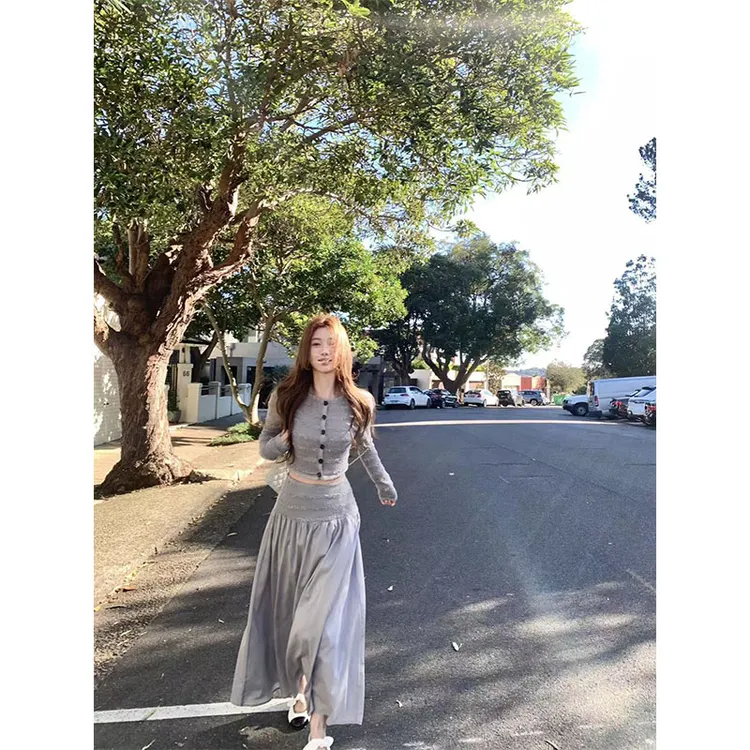 韩系慵懒风套装新款设计感小众气质长袖上衣高腰显瘦半身裙两件套