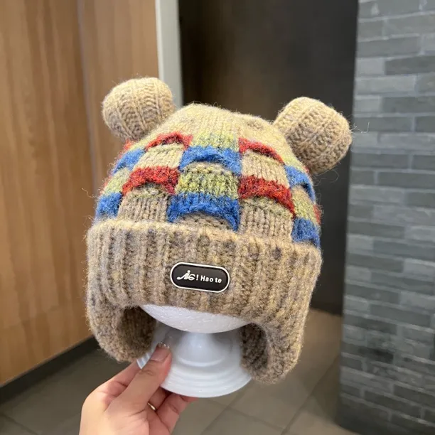 【氛围感】儿童帽子2025冬季毛线帽韩版彩色拼接格子加厚保暖护耳帽