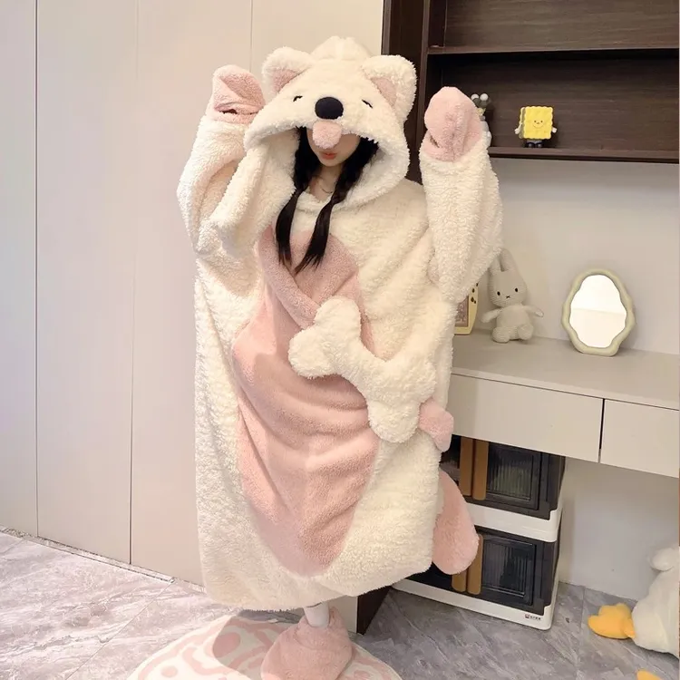 卡通搞怪小狗睡衣女秋冬季加绒加厚珊瑚绒睡袍法兰绒家居服可外穿