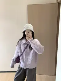 韩11秋冬氛围感韩系紫色百搭休闲宽松上衣毛衣女款