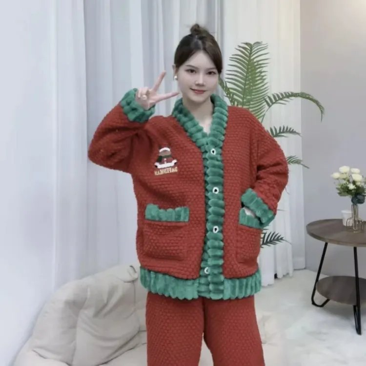女士可外穿家居服冬款红色圣诞款加绒加厚睡衣套装保暖秋冬季宽松