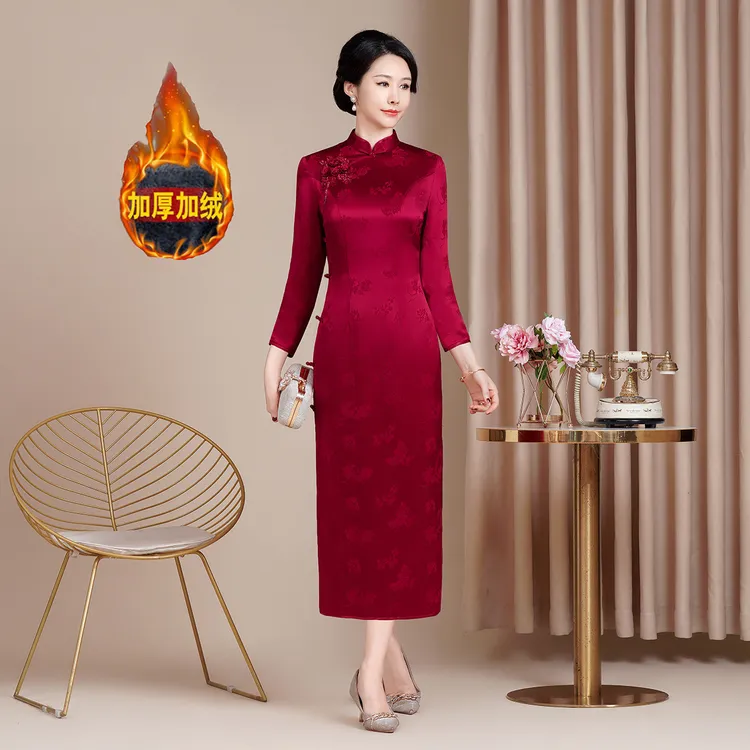 【加绒一体绒】秋冬三醋酸提花喜妈妈旗袍加厚喜婆婆婚宴礼服修身M