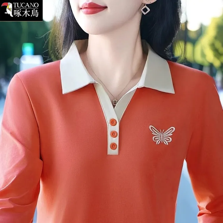 啄木鸟春秋休闲百搭上衣女减龄显瘦2025年新款刺绣POLO领长袖T恤