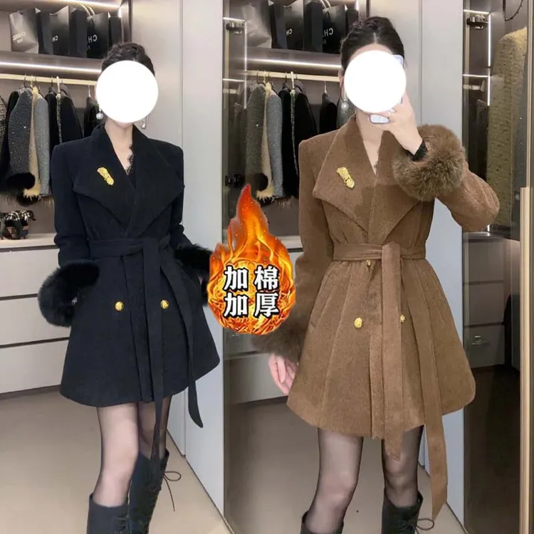 【加棉加厚】【含腰带】气质秋冬翻领外套女人味收腰显瘦TX0342