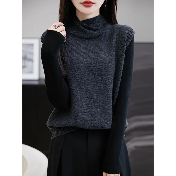 秋冬新款高领无袖套头打底背心女士宽松针织叠穿马夹坎肩羊毛马甲