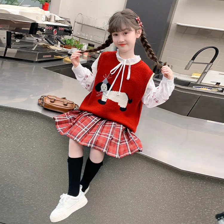 女童春装洋气套装2025新款毛衣马甲裙女宝套裙儿童童装春秋三件套