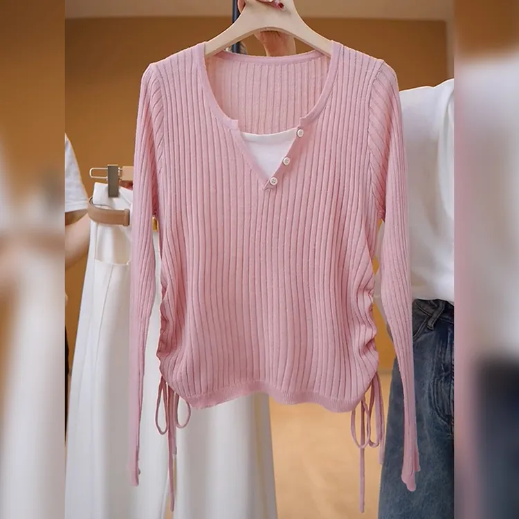 大码假两件设计感打底针织衫女秋季微胖妹妹宽松显瘦百搭减龄上衣