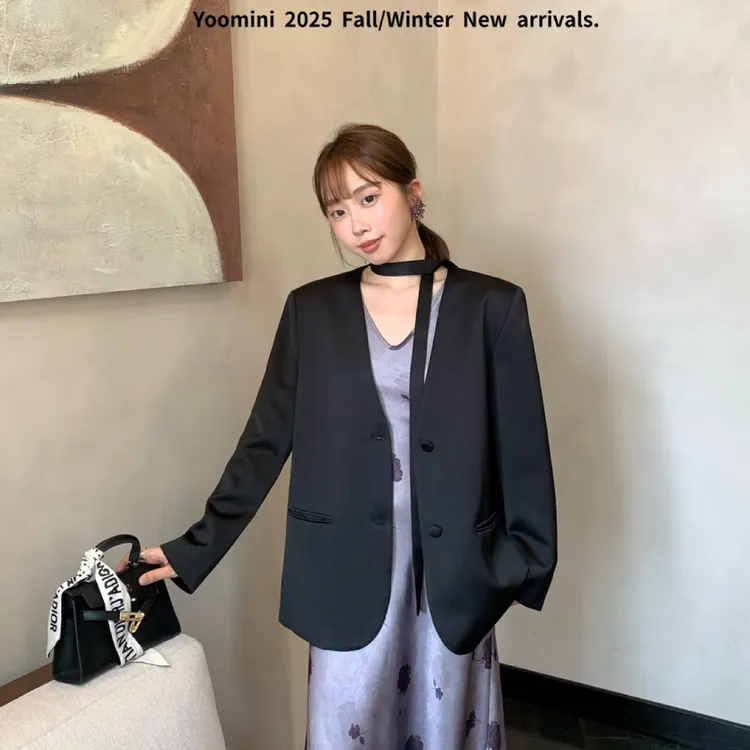 【YOOMINI】上新高级V领廓形麻料极简通勤西装秋装女款爆款2025新款