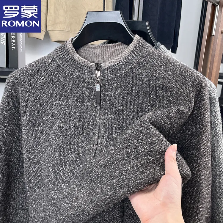 罗蒙冬季男士拉链套头针织衫时尚假两件加厚保暖雪花绒中青年毛衣