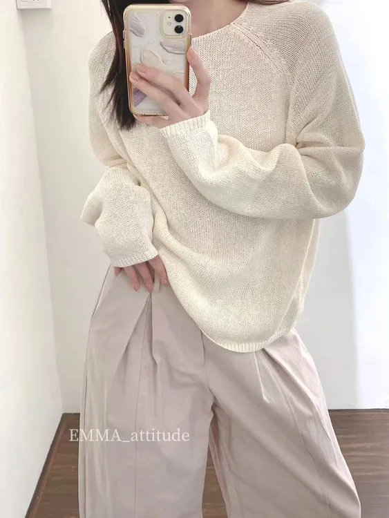 2025春季新款韩系简约白色圆领针织衫减龄气质粉色裤子两件套装