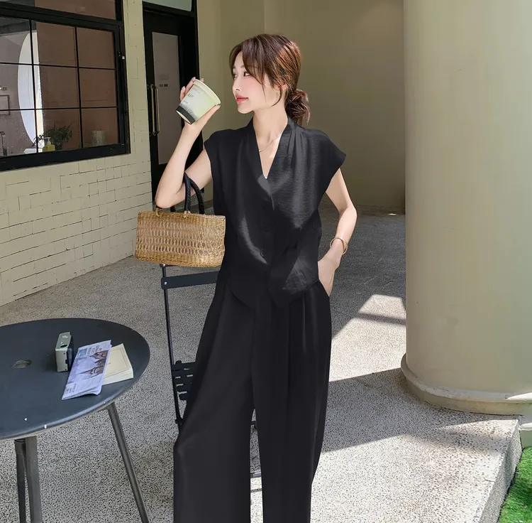 夏装穿搭一整套减龄女夏季新款法式名媛马甲阔腿裤套装两件套2541