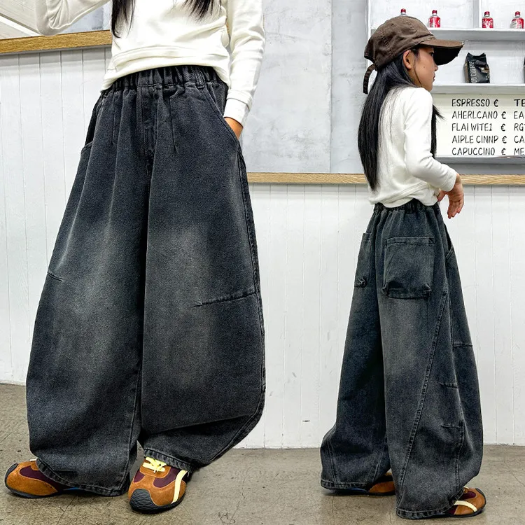 女童弯刀牛仔裤子秋装2025新款宽松中大童休闲裤女孩阔腿裤时尚潮