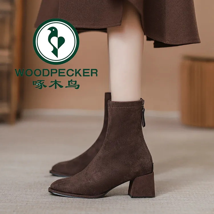 啄木鸟粗跟短靴瘦瘦靴2025年新款秋冬季方头高跟袜靴绒面弹力靴子