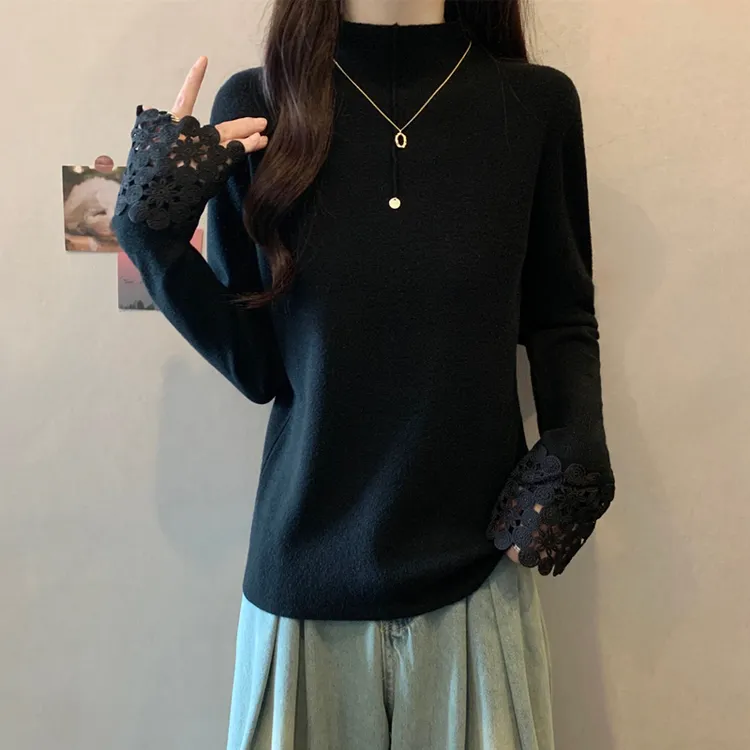 半高领秋冬打底衫显瘦修身遮肚子胖mm大码蕾丝边2025新款针织毛衣