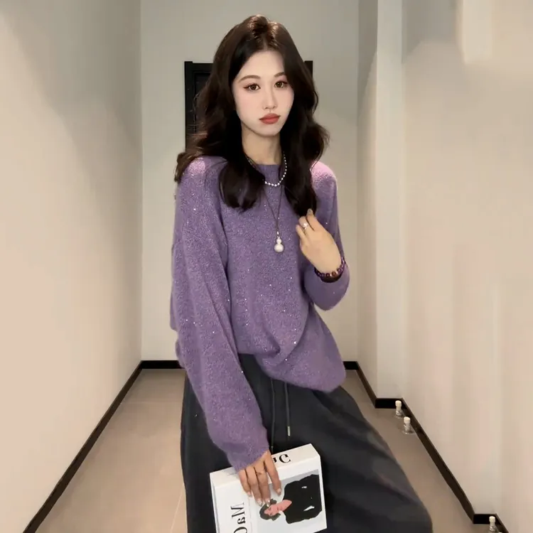 大码女装温柔显白紫色毛衣针织衫秋冬胖mm宽松显瘦内搭打底衫上衣
