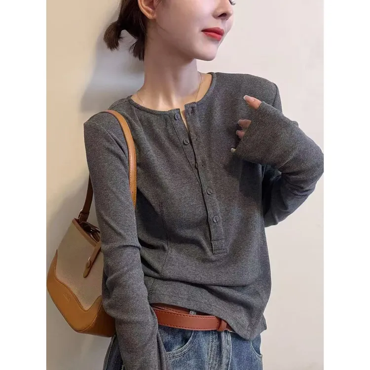 欧货长袖t恤女2025春秋新款简约休闲宽松半开圆领内搭打底衫上衣