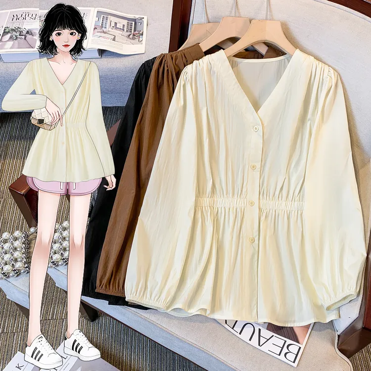 微胖妹妹大码2025春季新款V领长袖衬衫女大码收腰遮肚子减龄上衣