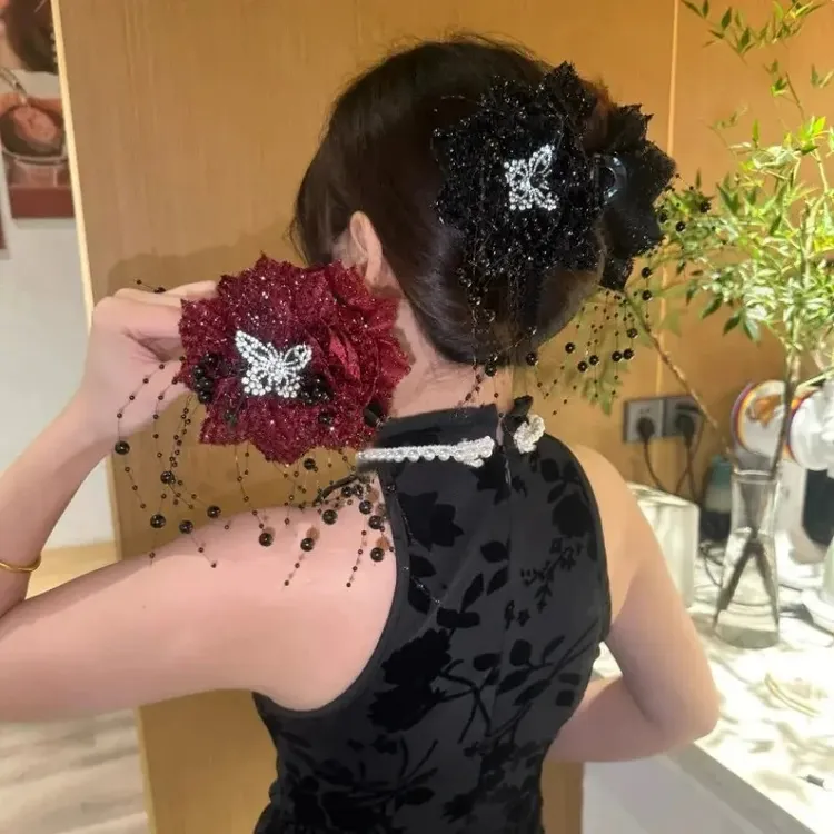 花吻蝶原创设计百搭气质亮丝花朵蝴蝶流苏抓夹头花头饰礼品套组商品图