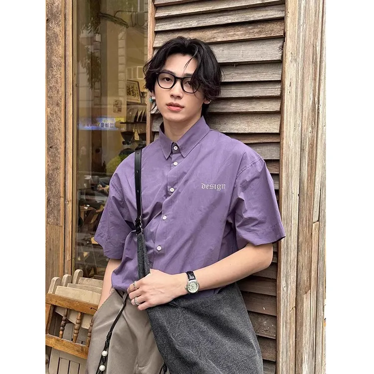紫色速干短袖衬衫男款夏季日系复古学院风衬衣高级感五分袖外套