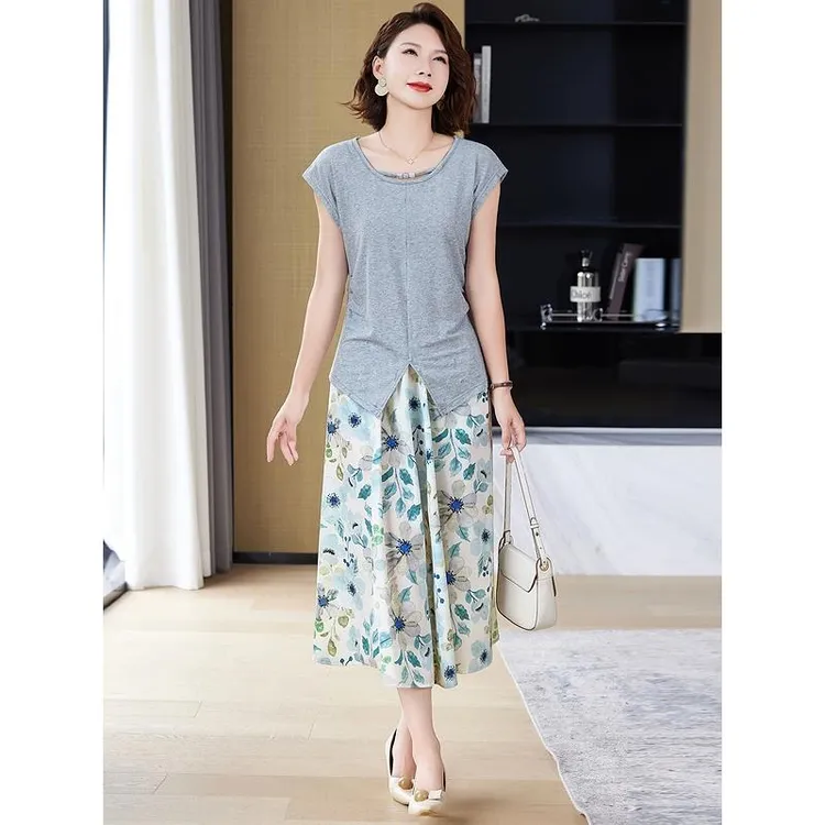 年轻妈妈夏装连衣裙气质假两件短袖裙子中老年女装夏季高贵套装裙