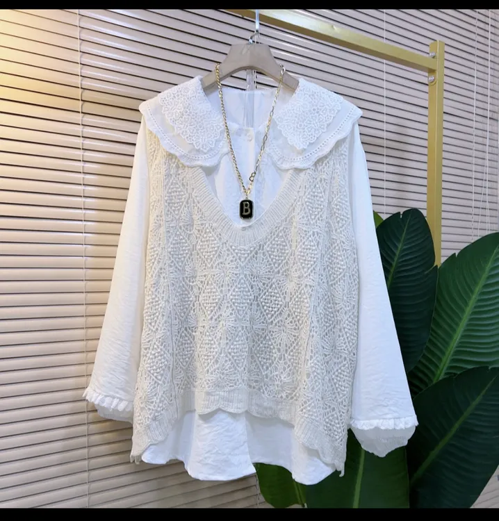时尚韩版镂空针织马甲搭配娃娃领衬衫小众宽松叠穿百搭
