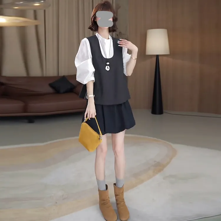 小个子减龄时尚套装女2025春秋新款长袖衬衫针织马甲半身裙三件套
