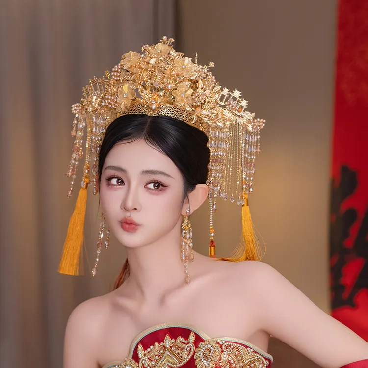 合金婚庆饰品 新娘中式古风奢华凤冠长流苏龙凤褂重工发饰品82111