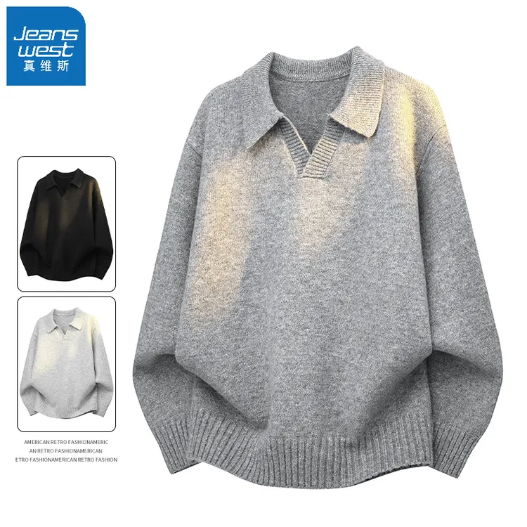 真维斯中性风翻领毛衣针织衫男款秋季韩系休闲宽松POLO衫套头卫衣